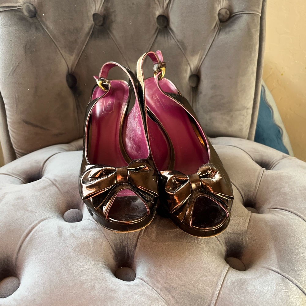 Elegant Copper Metallic Peep-Toe Heels with Bow Accent